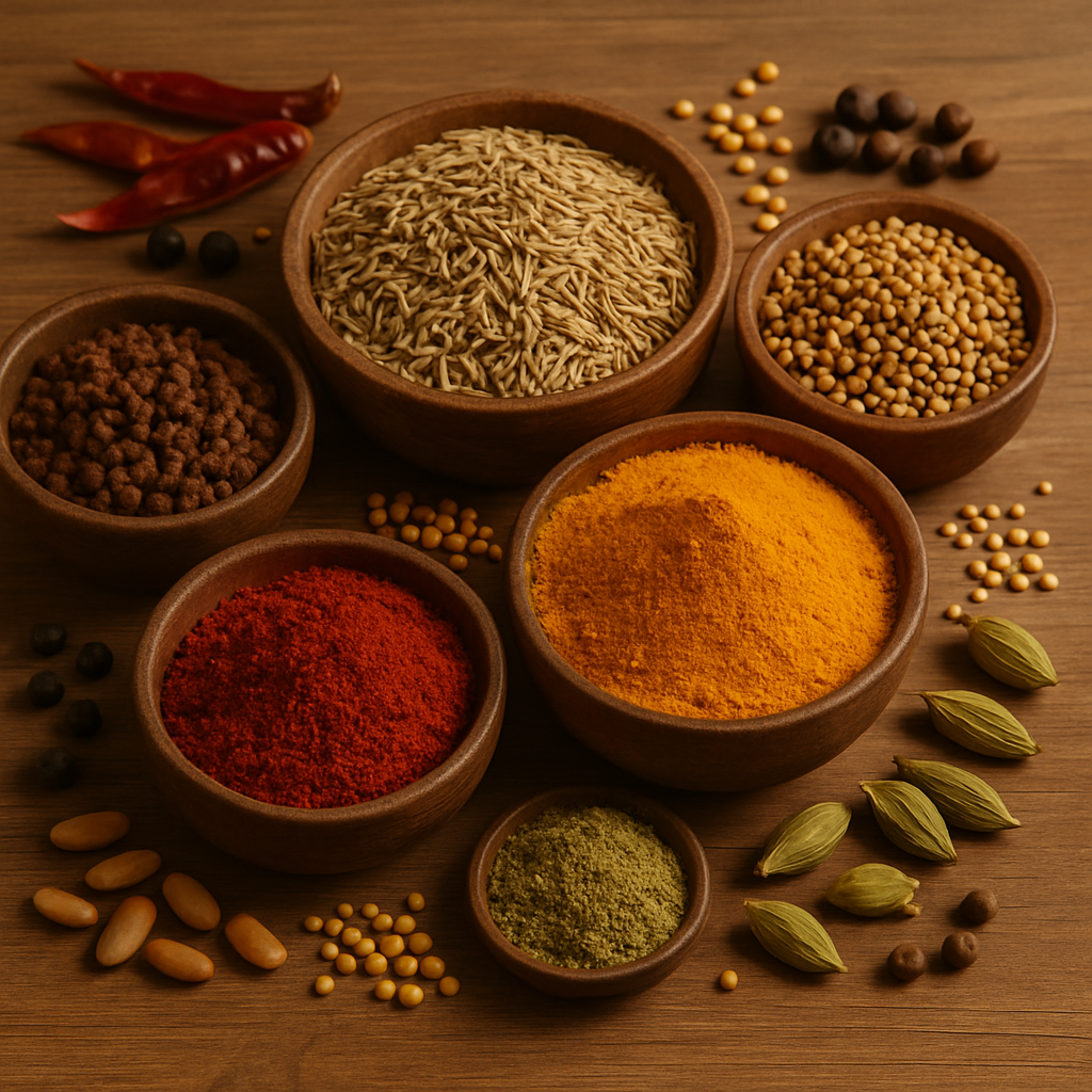 "توابل متنوعة مستوردة" "كمون وفلفل أسود وكركم" "مجموعة من البهارات عالية الجودة" "منتجات شركة مرسيط من التوابل"